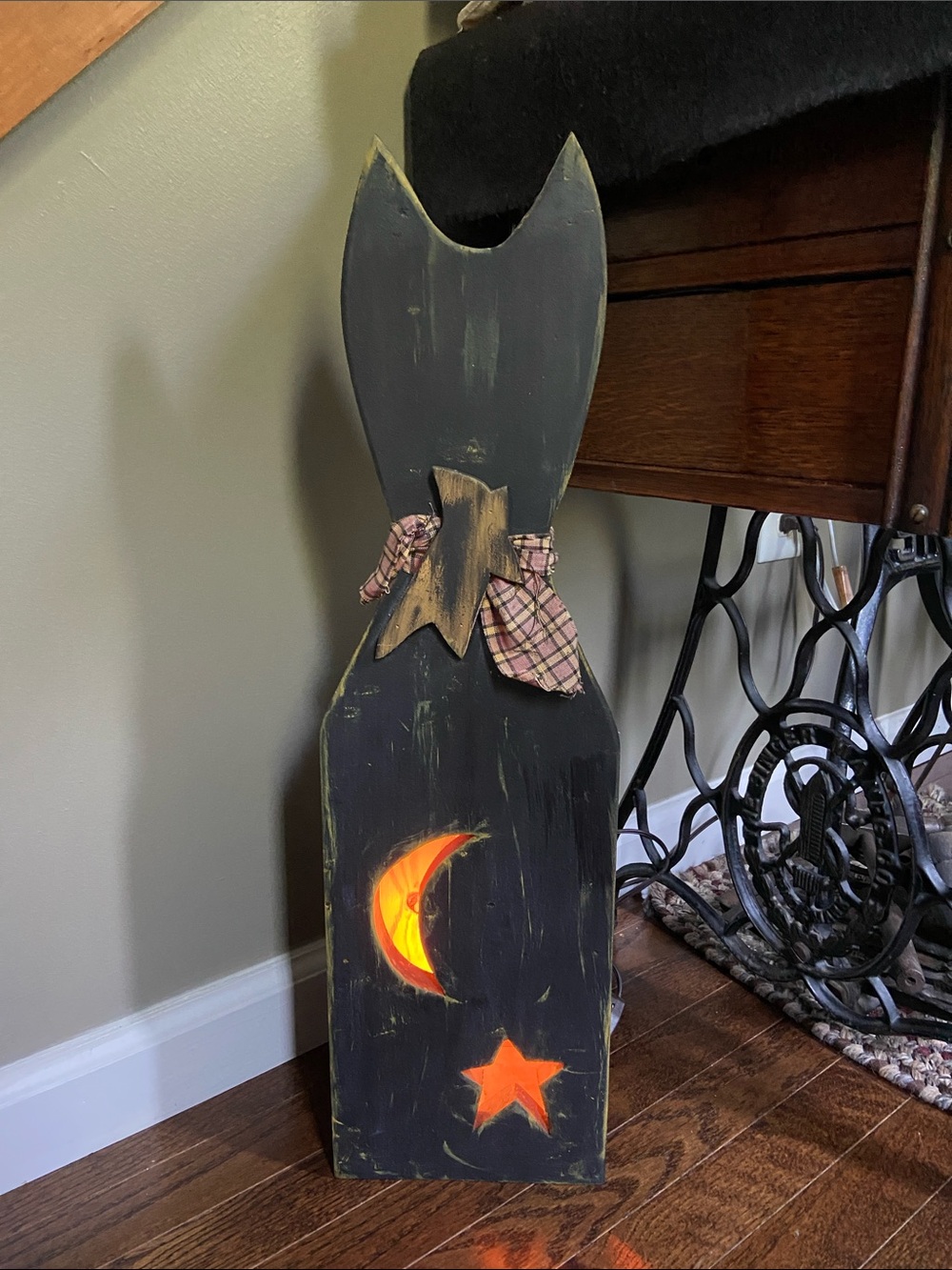 It’s Fall, cozy nights w/ Rustic Black Wooden Cat Nightlight with Moon & Star
